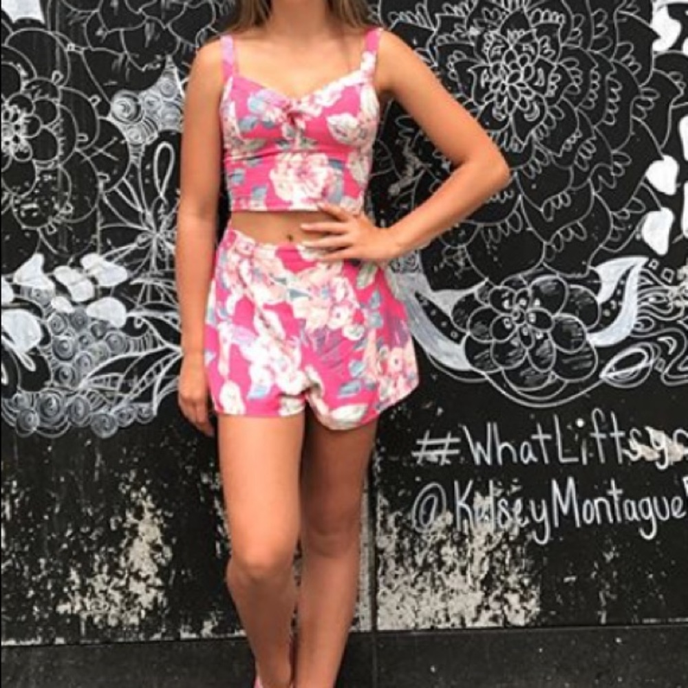 Hot pink floral two piece set (top and shorts)